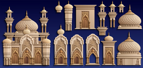 Set of stylized ancient Middle Eastern buildings in paper cut style. Perfect for games, travel guides, architecture projects, or historical infographics. Hand drawn vector illustration