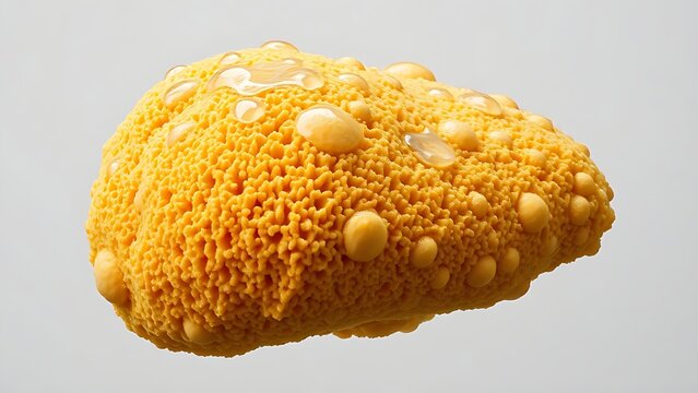 fishfinder. A heavy natural sea sponge saturated with water, drooping under its weight on a neutral background. wildlife magazines.
