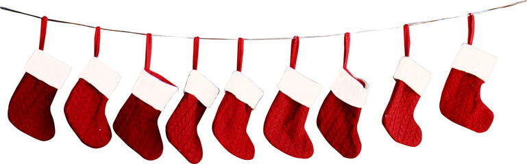Christmas stocking hanging on a string in red and white perfect for holiday decoration and festive atmosphere on a transparent background