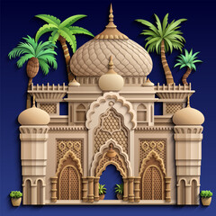 Cartoon colorful illustration of Islamic architecture with domes, arches, and arabesque ornaments, representing tradition, culture, and spirituality