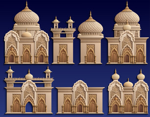 Set of stylized ancient Middle Eastern buildings in paper cut style. Perfect for games, travel guides, architecture projects, or historical infographics. Hand drawn vector illustration