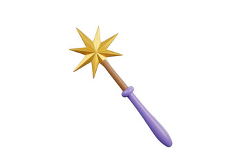 A golden starshaped magic wand with a purple handle and a wooden shaft, isolated on transparent background
