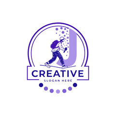 Creative letter J logo design with walking man illustration