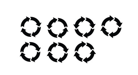 Seven circular arrows in silhouette isolated on white background, representing recycling