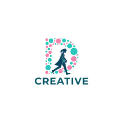 Creative letter D logo design with walking woman and colorful dots