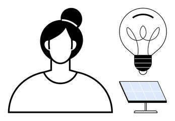Female figure next to a light bulb and solar panel representing ideas, sustainability, renewable energy, creativity, modern technology, eco-friendly solutions, and innovation. A simple flat metaphor