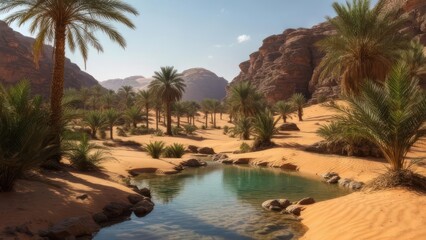 Obraz premium Oasis in a desert landscape with palm trees and a clear stream