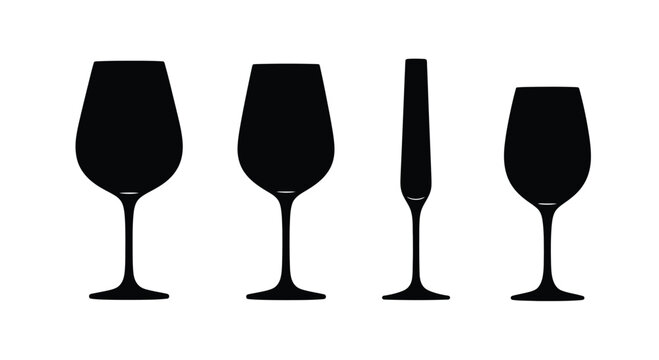 Four wine glasses isolated on white background, each with a unique shape
