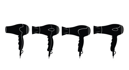 Four black hair dryers isolated on white background in a row design