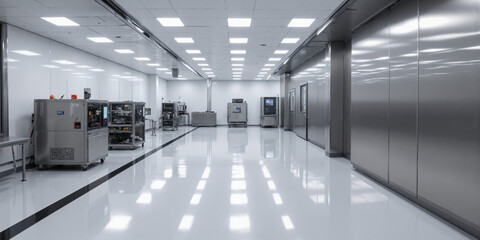 Cleanroom Facility for Electronics A high-precision cleanroom dedicated to electronics manufacturing, with glossy white floors and smooth metal walls. Bright