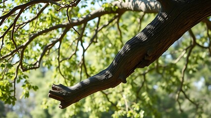 Fototapeta premium oligarchy. A broken tree branch hanging precariously from a tree, swaying in gentle wind under natural daylight. ESG reports.
