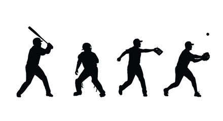 Four black baseball player silhouettes isolated on white background in a row