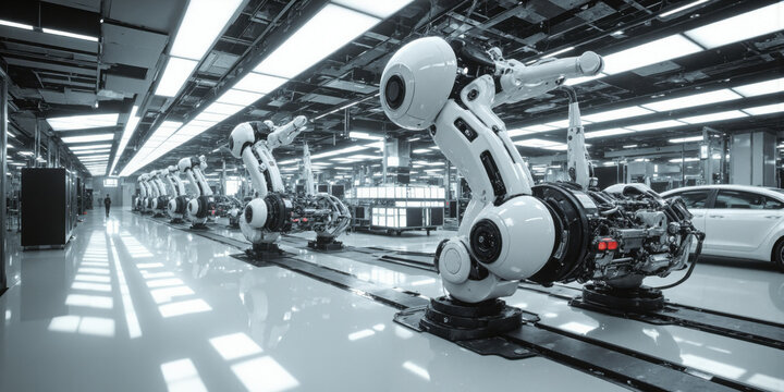 Automotive Assembly Line A sleek, futuristic automotive factory with an assembly line filled with robots and automated machinery. The floor