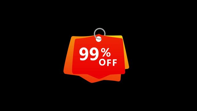 99% percent off text discount label sign symbol animation on a black background.