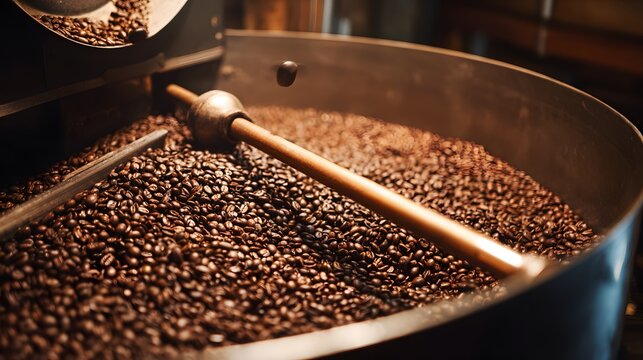 Roasted coffee beans tumble inside an industrial roasting drum during processing