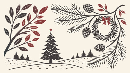 Illustration of christmas tree with star, pine cones, wreath, and branches on a winter landscape