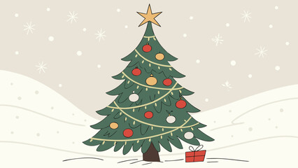 Decorated christmas tree with star and ornaments in snowy landscape with gift box present scene