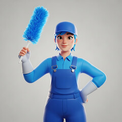 Cheerful 3D cartoon female cleaner holding a blue duster.