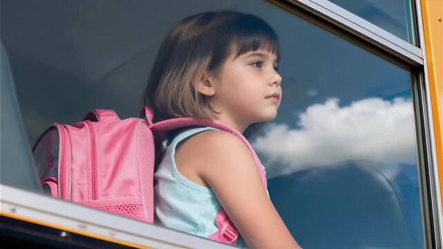 La niña se asoma por la ventana de un autobús escolar