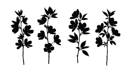 Four floral branches isolated on white background in a silhouette style