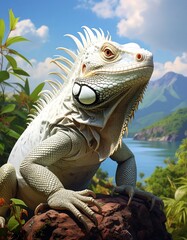 A white iguana poses, lush greenery with water and mountains visible