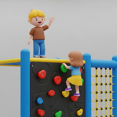 Cute 3D cartoon children playing together on a colorful playground climbing wall.