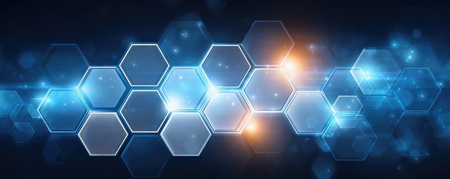 Business ecosystem and collaboration concept. A futuristic pattern of hexagonal shapes illuminated with blue and orange light, creating a high-tech visual effect against a dark background.