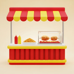 Cute 3D illustration of a street food stall with fried chicken.