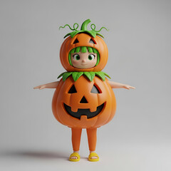 Cute cartoon girl with green hair in a Halloween pumpkin costume.