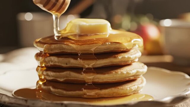 Sweet Stack: Close-up of golden pancakes drizzled with sweet honey, topped with a pat of butter, inviting a delicious start to the day. 