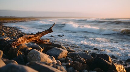 Weathered piece of wood rests among dark stones on a rocky shoreline as ocean waves crash near the horizon