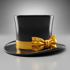 Elegant black top hat with a shiny gold ribbon and bow tie.