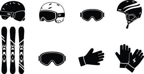 Skiing equipment icons, winter sports gear, protective helmets, ski goggles, gloves, skis, silhouette illustration, alpine adventure, cad drawing flat vector illustration