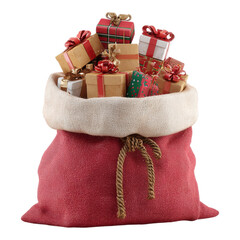 Santa Claus red gift sack filled with Christmas presents isolated transparent background