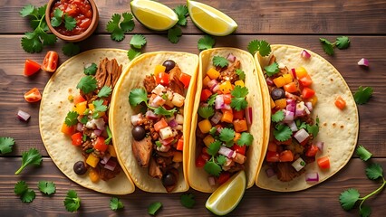 carnitas. Mexican street tacos with pork carnitas and colorful toppings, arranged on a rustic wooden background. menu design.