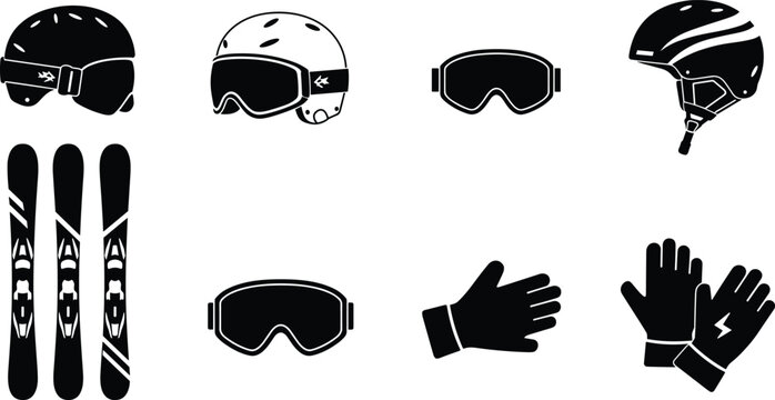 Skiing equipment icons, winter sports gear, protective helmets, ski goggles, gloves, skis, silhouette illustration, alpine adventure, cad drawing flat vector illustration