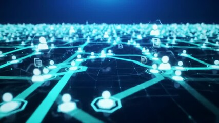 Wide video: abstract digital network, blue-green trails, glowing hexagonal nodes. Holographic icons animate global data exchange against dark blue, expanding slowly. High-tech futuristic concept - Powered by Adobe