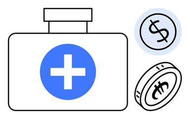Medical kit with a blue cross, dollar and euro coins emphasizing healthcare expenses, insurance, and financial support. Ideal for healthcare, insurance, economy, savings, budgeting investment