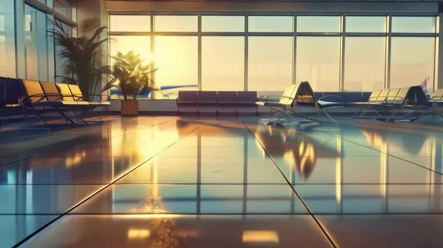 An empty, bright airport waiting room with large windows and rows of seats. Suitable for articles about travel, waiting for flights, public space design, as well as illustrations for materials about t