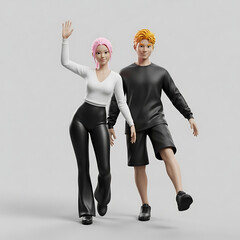 Full body 3D illustration of a young man and woman waving hello.