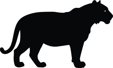 Tiger silhouette, black wild animal, jungle predator, standing pose, wildlife vector, strong feline, nature icon, alert tiger, graphic art