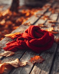 Cozy Red Knitted Wool Scarf Lying on a Wooden Bench Covered with Autumn Leaves