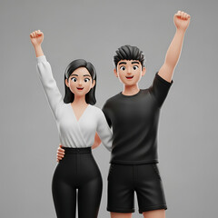 Happy 3D cartoon couple celebrating success with arms raised.