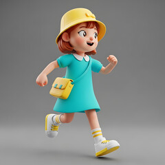 Happy 3D cartoon girl in a yellow hat and teal dress running with a smile.