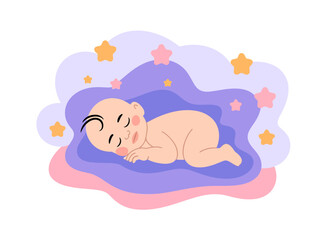 A peaceful baby peacefully sleeps amidst soft pastel clouds and twinkling stars.