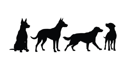 Four black dog silhouettes isolated on white background