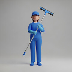 Illustrated female janitor character in blue uniform holding a squeegee.