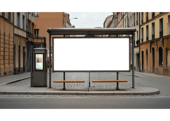 Blank billboard at bus stop, perfect for advertising campaigns in a bustling city environment, modern urban design