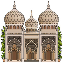 Cartoon colorful illustration of Islamic architecture with domes, arches, and arabesque ornaments, representing tradition, culture, and spirituality