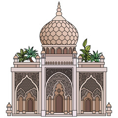 Cartoon colorful illustration of Islamic architecture with domes, arches, and arabesque ornaments, representing tradition, culture, and spirituality